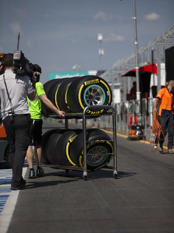 Pirelli tyres pushed on a trolley in the pits