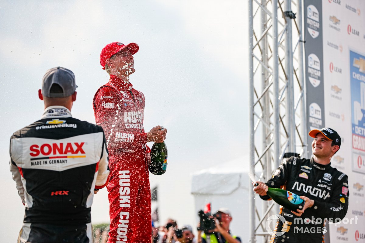 Rinus VeeKay and Pato O'Ward take aim at new IndyCar winner Marcus Ericsson after Race 1 last year. O'Ward would capture a brilliant victory the next day