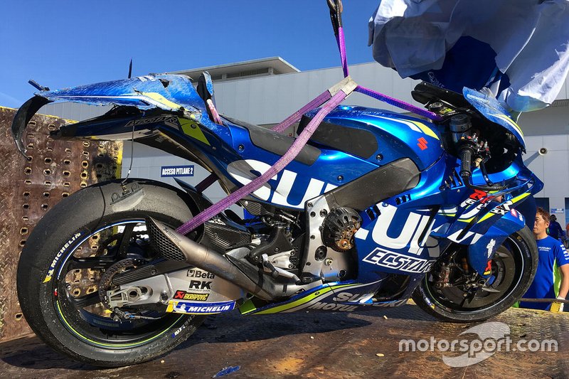 La moto de Joan Mir, Team Suzuki MotoGP après sa chute