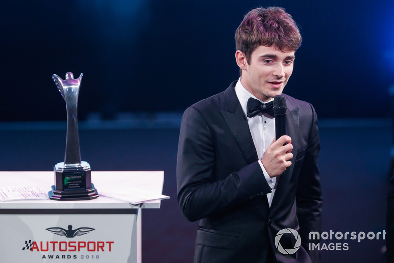 Rookie of the Year award winner Charles Leclerc on stage