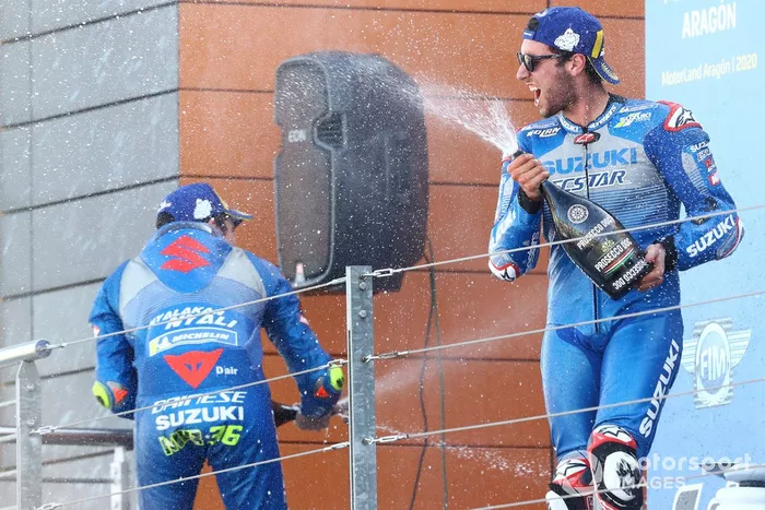 Podio: El ganador de la carrera Alex Rins, Equipo Suzuki MotoGP, tercer lugar Joan Mir, Equipo Suzuki MotoGP