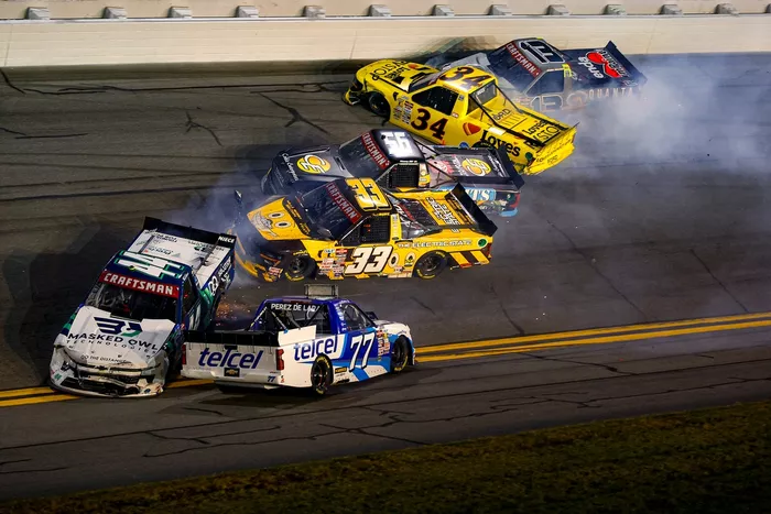 Andres Perez de Lara, Spire Motorsports Chevrolet, Bayley Currey, Niece Motorsports Chevrolet, Timmy Hill, Timmy Hill Motorsports Toyota, Layne Riggs, Front Row Motorsports Ford, Jake Garcia, ThorSport Racing Ford