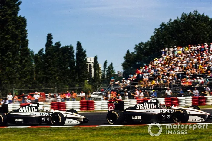 Satoru Nakajima, Tyrrell 020 Honda, leads Stefano Modena, Tyrrell 020 Honda