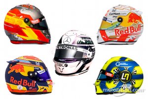 Cascos de Carlos Sainz Jr., McLaren, Max Verstappen, Red Bull, Lewis Hamilton, Mercedes, Alex Albon, Red Bull, and Lando Norris, McLaren