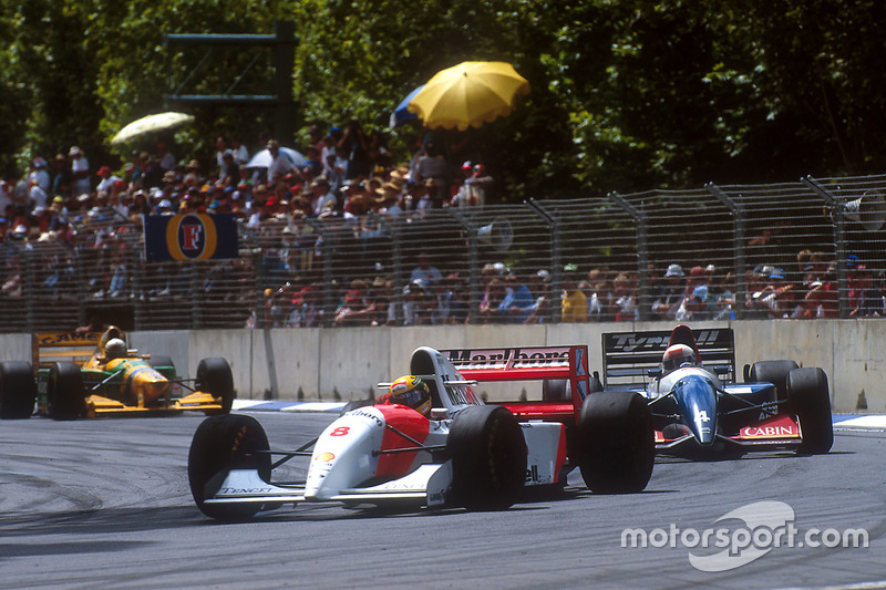 Ayrton Senna, McLaren MP lapping Andrea de Cesaris, Tyrrell