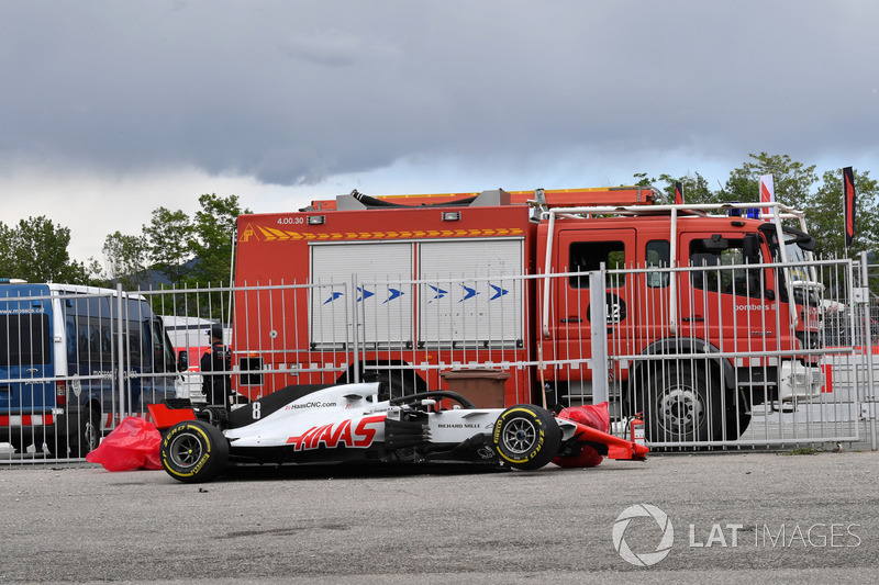 La voiture accidentée de Romain Grosjean, Haas F1 Team VF-18