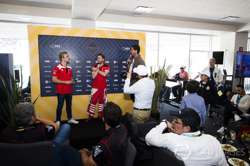 Felix Rosenqvist, Mahindra Racing & Nick Heidfeld, Mahindra Racing during a driver Q&A in EMOTION cl