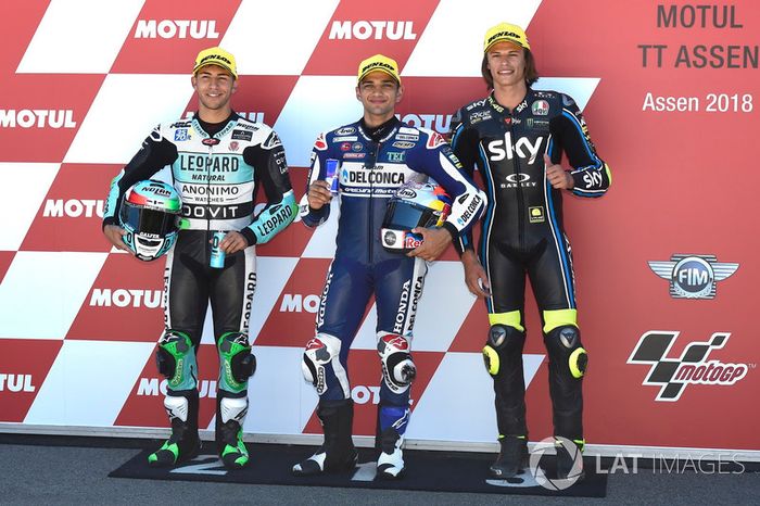 Top 3 after qualifying: Enea Bastianini, Leopard Racing, Jorge Martin, Del Conca Gresini Racing Moto3, Nicolo Bulega, Sky Racing Team VR46