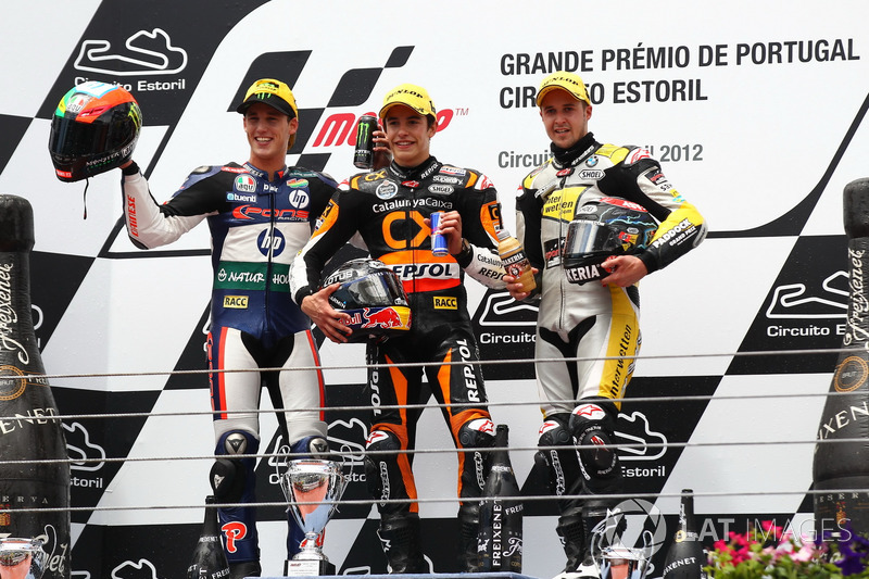 Le podium du GP du Portugal 2012 de Moto2 : Marc Márquez, Pol Espargaró, Thomas Lüthi