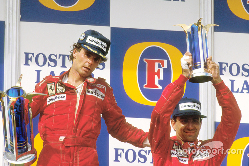 Podium : le vainqueur Gerhard Berger, Ferrari, le troisième Michele Alboreto, Ferrari