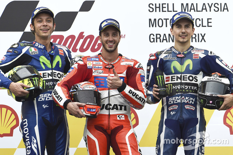 1. Andrea Dovizioso, Ducati Team, 2. Valentino Rossi, Yamaha Factory Racing, 3. Jorge Lorenzo, Yamah