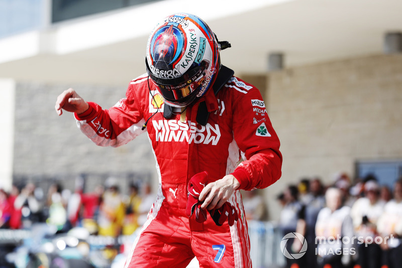 Kimi Raikkonen, Ferrari, 1st position, celebrates on arrival in Parc Ferme