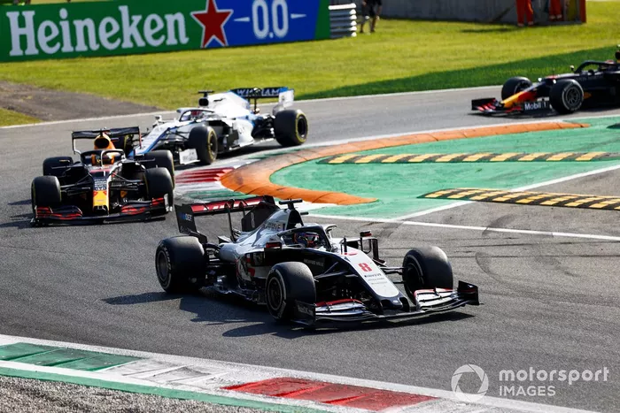 Romain Grosjean, Haas VF-20, Max Verstappen, Red Bull Racing RB16, George Russell, Williams FW43
