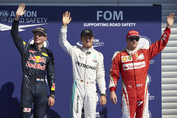 Qualifying top three in parc ferme (L to R): Max Verstappen, Red Bull Racing, second; Nico Rosberg, Mercedes AMG F1, pole position; Kimi Raikkonen, Ferrari, third