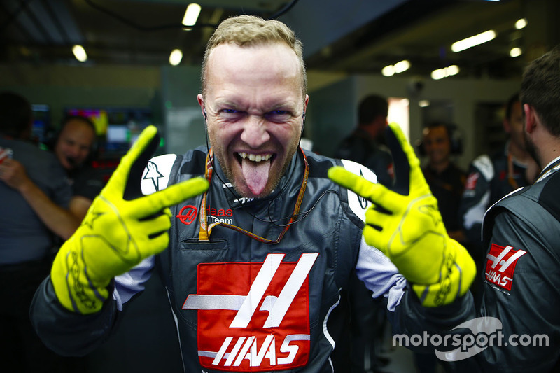 Haas team members celebrate their points finishing results