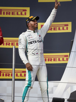 Lewis Hamilton, Mercedes AMG F1, 1st position, celebrates on the podium