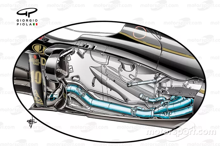 Lotus Renault R31 removed side pods, forward exhausts design