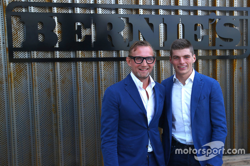 Bernhard van Oranje, co-owner Circuit Zandvoort, with Max Verstappen, Red Bull Racing, in front of a sign of Circuit Zandvoorts new restaurant Bernies