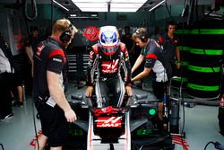 Romain Grosjean, Haas F1 Team, enters his cockpit