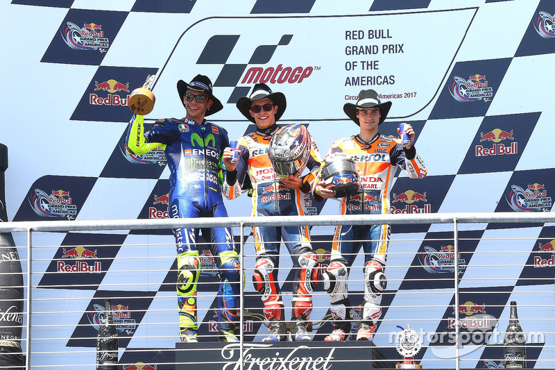 Podium: race winner Marc Marquez, Repsol Honda Team, second place Valentino Rossi, Yamaha Factory Racing, third place Dani Pedrosa, Repsol Honda Team