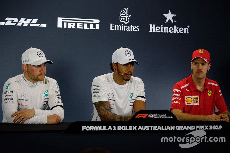 Press conference: pole sitter Lewis Hamilton, Mercedes AMG F1, second place Valtteri Bottas, Mercedes AMG F1 and third place Sebastian Vettel, Ferrari