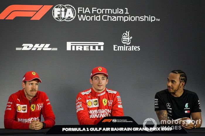 Sebastian Vettel, Ferrari, Charles Leclerc, Ferrari e Lewis Hamilton, Mercedes AMG F1 in Conferenza Stampa