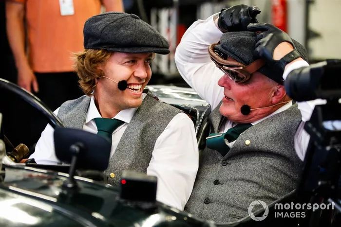 Sebastian Vettel, Aston Martin, Johnny Herbert, Sky TV, in the Aston Martin Grean Pea TT1 from 1922