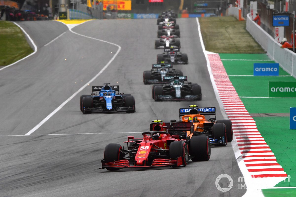 Carlos Sainz Jr., Ferrari SF21, Lando Norris, McLaren MCL35M, Fernando Alonso, Alpine A521, and Lance Stroll, Aston Martin AMR21