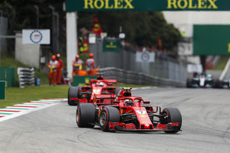 Kimi Raikkonen, Ferrari SF71H, leads Sebastian Vettel, Ferrari SF71H