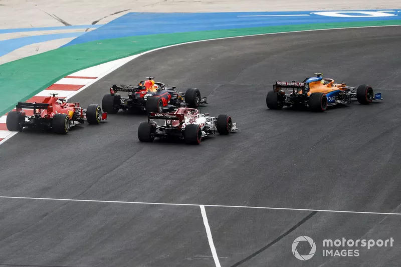Lando Norris, McLaren MCL35, Max Verstappen, Red Bull Racing RB16, Kimi Raikkonen, Alfa Romeo Racing C39, Charles Leclerc, Ferrari SF1000
