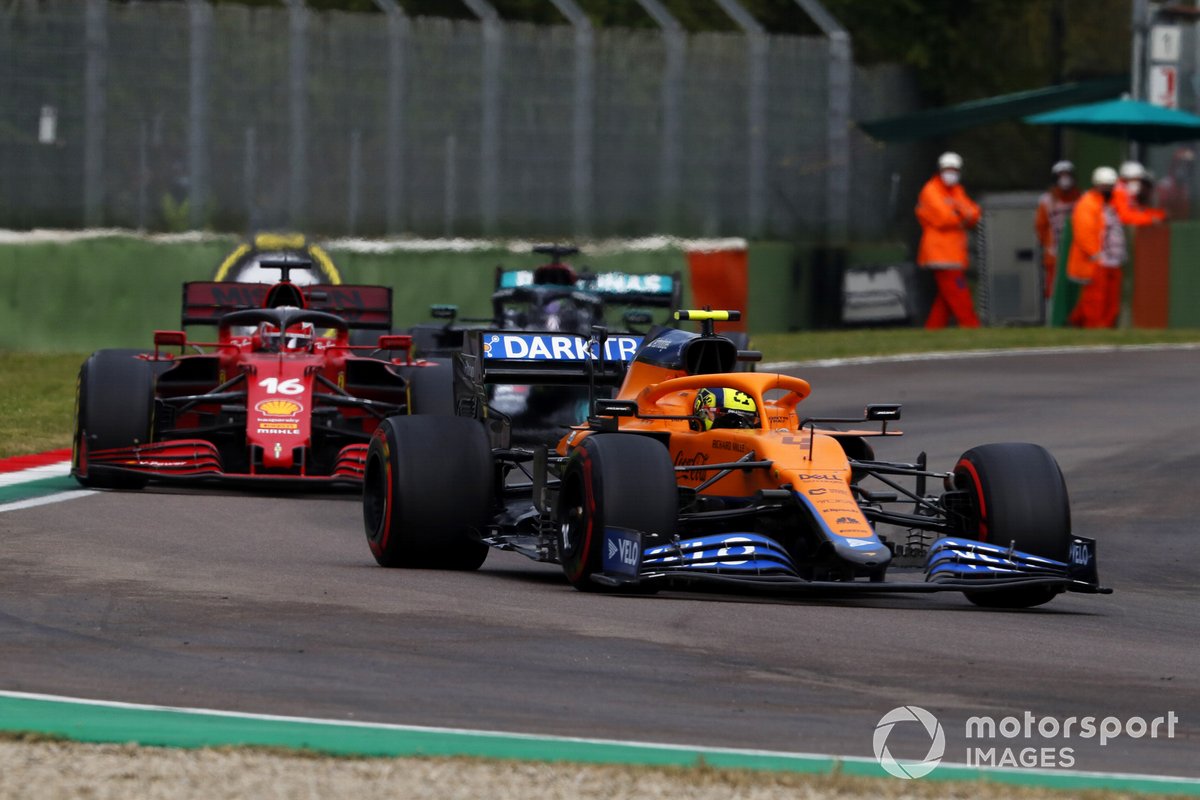 Lando Norris, McLaren MCL35M, Charles Leclerc, Ferrari SF21, and Lewis Hamilton, Mercedes W12