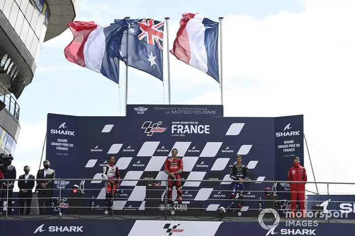Podio: ganador de la carrera Jack Miller, Ducati, segundo lugar Johann Zarco, Pramac Racing, tercer lugar Fabio Quartararo, Yamaha Factory Racing