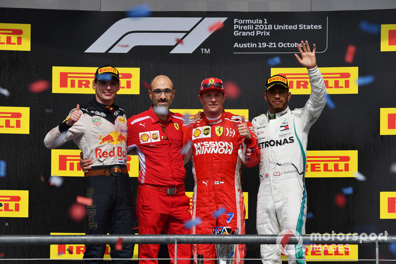 (L to R): Max Verstappen, Red Bull Racing, Carlo Santi, Ferrari Race Engineer, Race Winner Kimi Raikkonen, Ferrari and Lewis Hamilton, Mercedes AMG F1 celebrate on the podium 