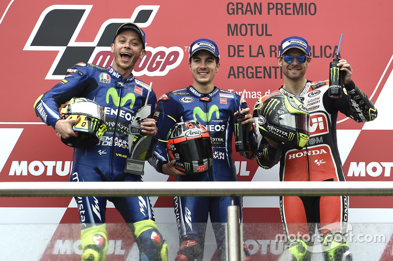 Podium: Second place Valentino Rossi, Yamaha Factory Racing, Race winner Maverick Viñales, Yamaha Fa