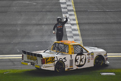 Kaz Grala, GMS Racing Chevrolet, celebrates his win with a burnout