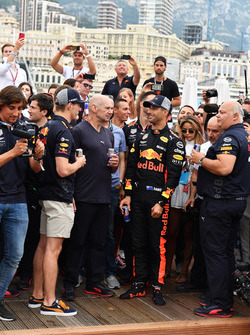 Max Verstappen, Daniel Ricciardo, Red Bull Racing, Adrian Newey, Red Bull Racing and Christian Horner, Red Bull Racing Team Principal at the Red Bull Racing Energy Station swimming pool