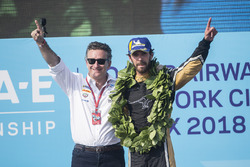 Alejandro Agag, CEO, Formula E, Jean-Eric Vergne, Techeetah, celebrate on the podium