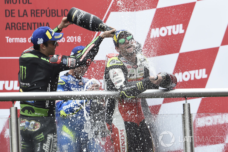 Second place Johann Zarco, Monster Yamaha Tech 3, Race winner Cal Crutchlow, Team LCR Honda