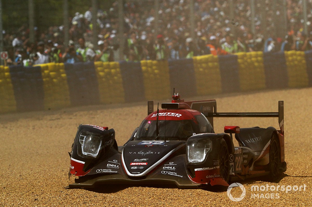 #22 United Autosports USA Oreca 07 Â Gibson LMP2 of Philip Hanson, Filipe Albuquerque, William Owen is stuck in the gravel at Turn 1