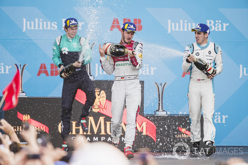 Daniel Abt, Audi Sport ABT Schaeffler, celebrates on the podium after winning the race with Oliver Turvey, NIO Formula E Team, Sébastien Buemi, Renault e.Dams