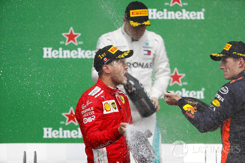 Max Verstappen, Red Bull Racing, 3rd position, sprays Sebastian Vettel, Ferrari, 1st position, with 