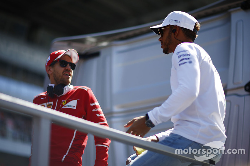 Lewis Hamilton, Mercedes AMG F1, Sebastian Vettel, Ferrari, talk on the drivers' parade