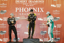 Podium: second place Will Power, Team Penske Chevrolet, race winner Simon Pagenaud, Team Penske Chevrolet, third place J.R. Hildebrand, Ed Carpenter Racing Chevrolet