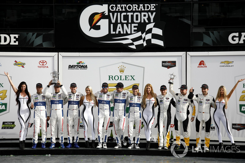 Podium GTLM: Winners #67 Ford Performance Chip Ganassi Racing Ford GT: Ryan Briscoe, Richard Westbrook, Scott Dixon, second place #66 Ford Performance Chip Ganassi Racing Ford GT: Joey Hand, Dirk Müller, Sebastien Bourdais, third place #3 Corvette Racing C
