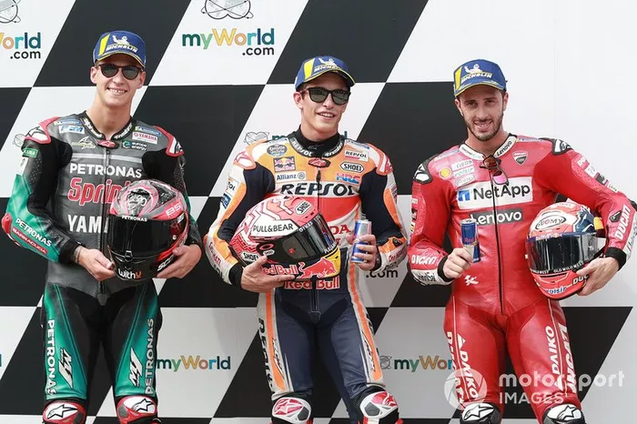 Ganador de la pole Marc Márquez, Repsol Honda Team, segundo clasificado Fabio Quartararo, Petronas Yamaha SRT, tercer clasificado Andrea Dovizioso, Ducati Team.  