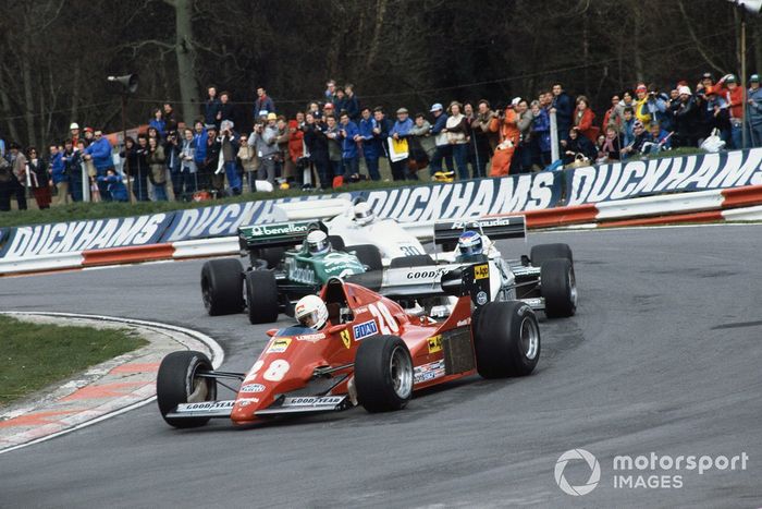 Rene Arnoux, Ferrari 126C2B, Keke Rosberg, Williams FW08C-Cosworth, Danny Sullivan, Tyrrell 011-Cosworth y Alan Jones, Arrows A6-Cosworth