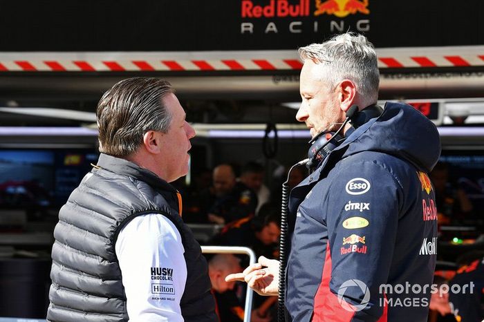 Zak Brown, Executive Director, McLaren, talks to Jonathan Wheatley, Team Manager, Red Bull Racing 