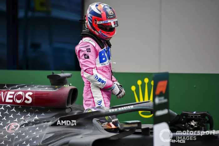 Segundo lugar Sergio Pérez, Racing Point, en Parc Ferme Parc Ferme