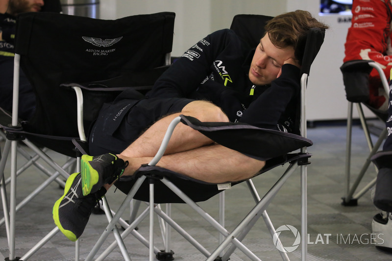 Aston Martin Racing team member sleeps