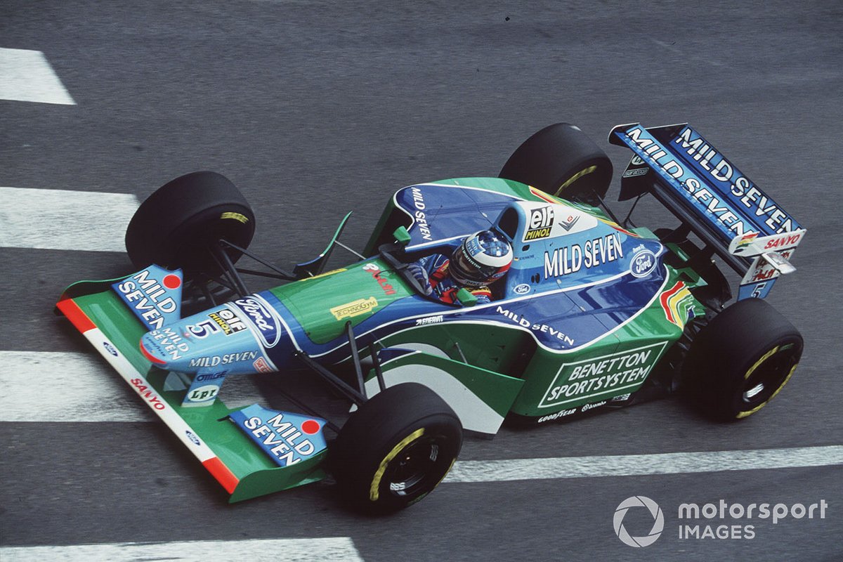 Michael Schumacher in his Benetton B194 Ford on his way to his first pole position for the 1994 Monaco GP.